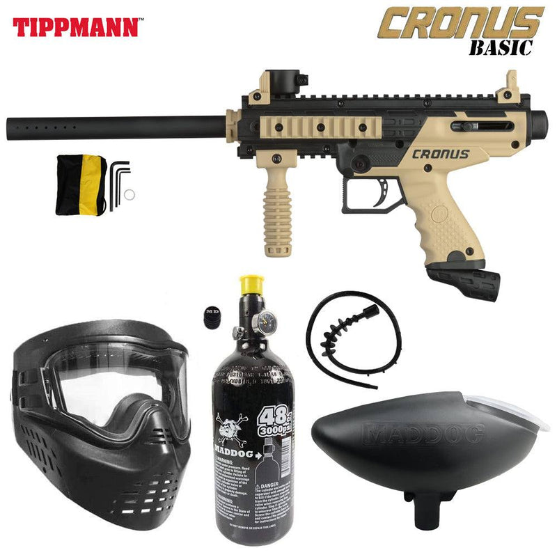Tippmann Cronus Tactical bronze paintball gun starter package with mask, HPA tank, loader, and accessories