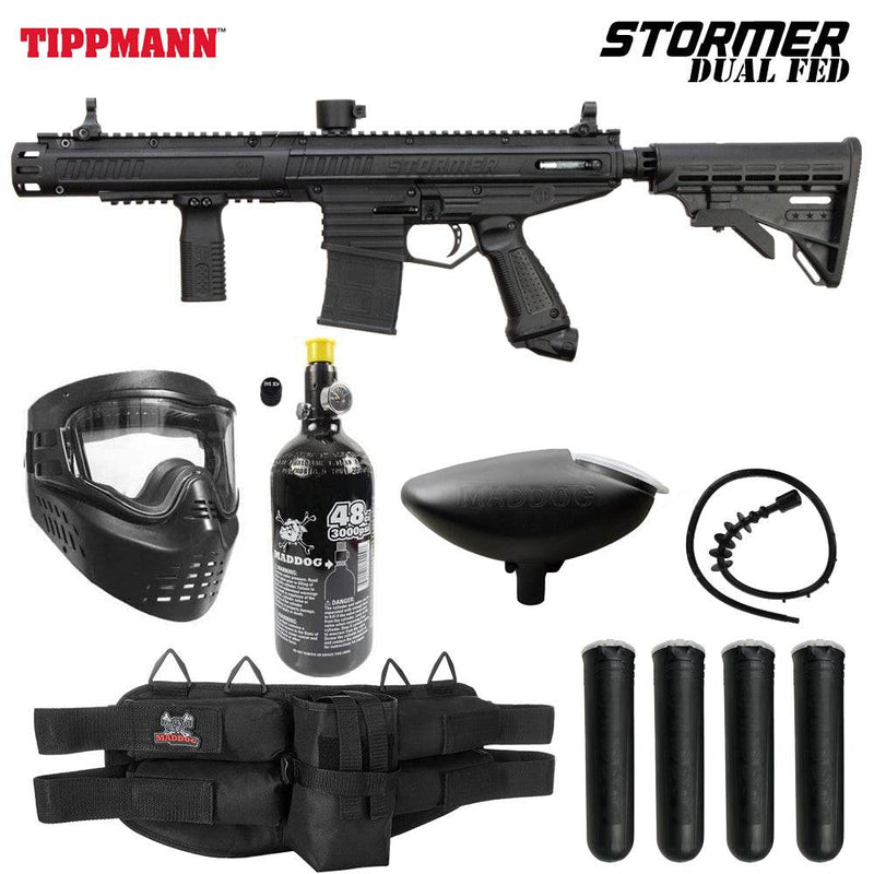 Tippmann Stormer Dual Fed Elite silver paintball gun marker starter package with mask, HPA tank, loader, pod harness, and pods