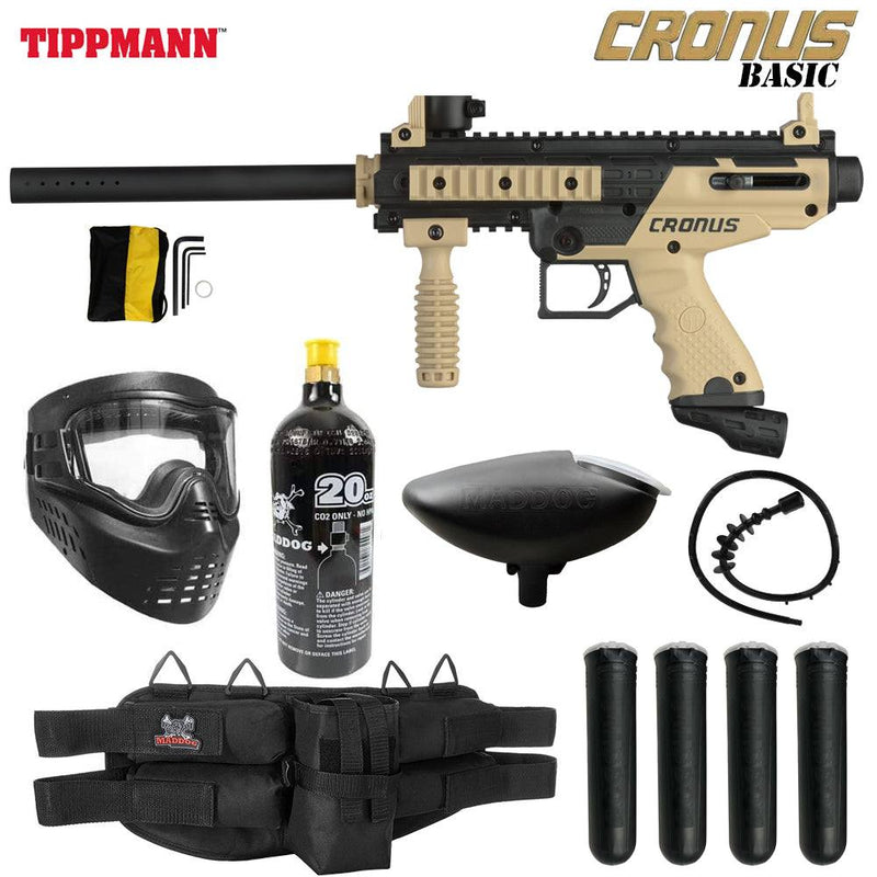 Tippmann Cronus Tactical silver semi-automatic .68 caliber paintball gun package with CO2 tank, mask, loader, pods, harness, and cleaning squeegee