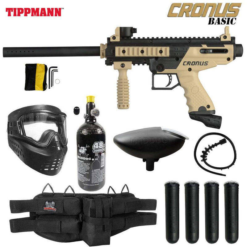 Tippmann Cronus Tactical silver .68 caliber paintball gun package with HPA tank, mask, hopper, pod harness, and pods