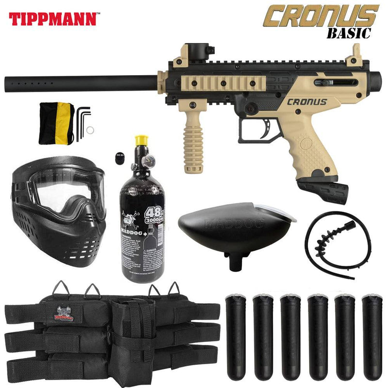 Tippmann Cronus Tactical paintball gun marker starter package with HPA tank, mask, loader, pods, harness, barrel squeegee, and accessories