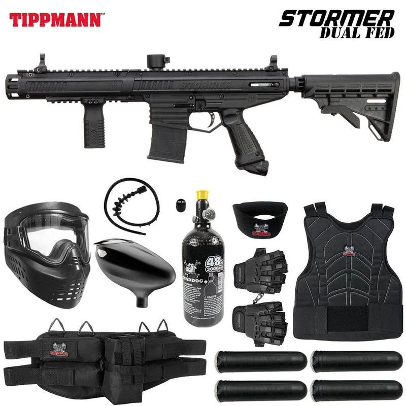 Tippmann Stormer Dual Fed Elite paintball gun marker starter package with protective HPA accessories including mask, tank, loader, gloves, chest protector, and pod harness.