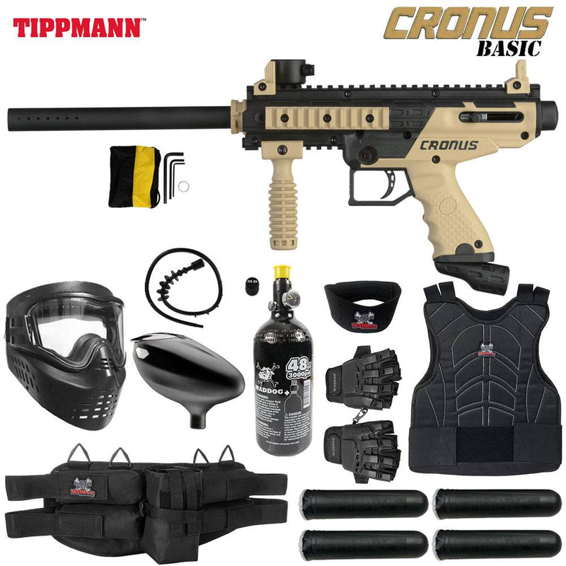Tippmann Cronus Tactical paintball gun package with protective gear, HPA tank, mask, gloves, loader, pods, and chest protector.