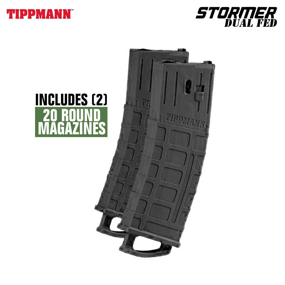 Two black Tippmann Stormer Dual Fed 20 round paintball magazines included in starter package