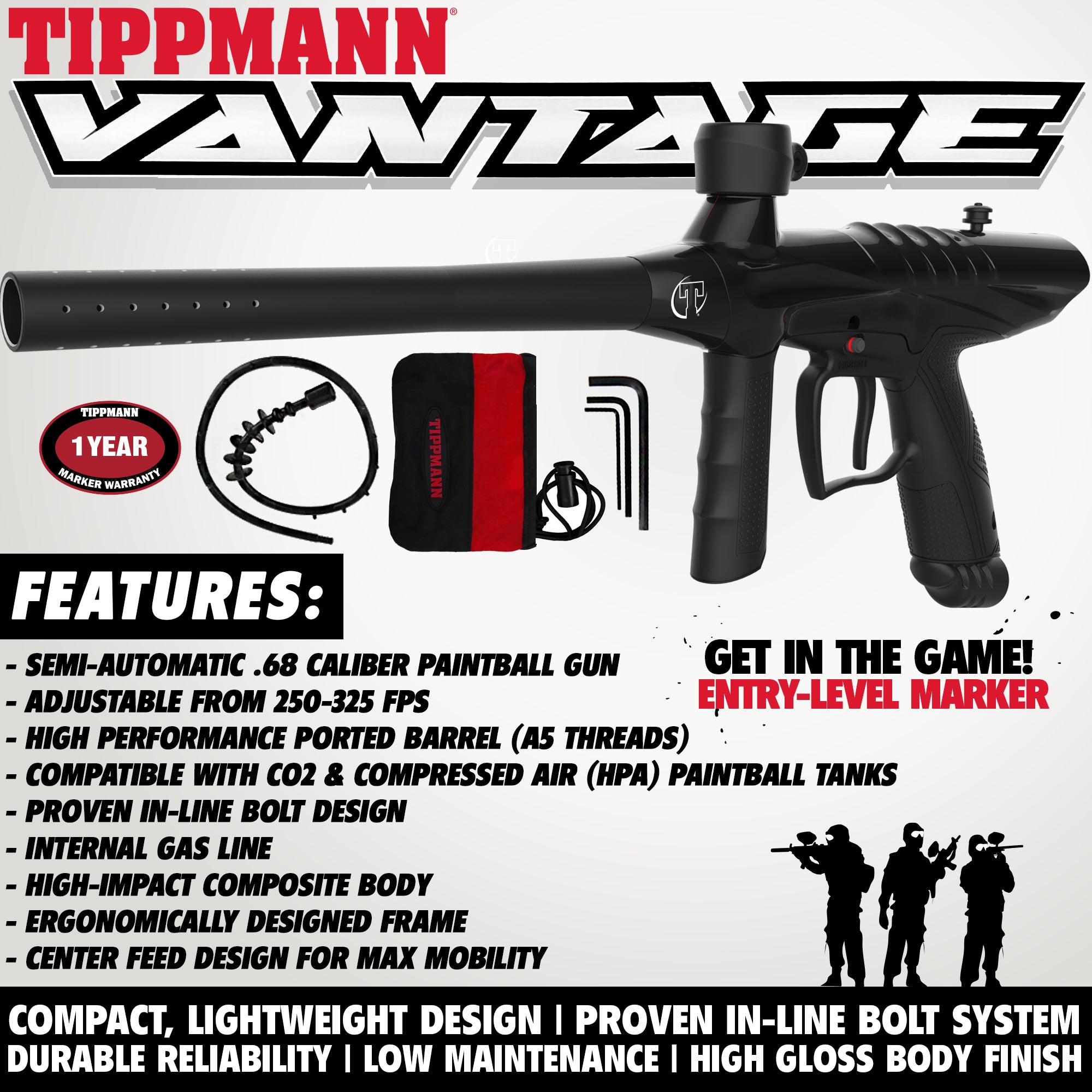 Maddog Tippmann Vantage Silver HPA Paintball Gun Marker Starter Package