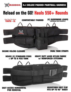 CLEARANCE Maddog 4+1 Entry Level Paintball Harness Pod Pack Belt with HPA CO2 Tank Holder Pouch | Includes (4) Paintball Pods - USED