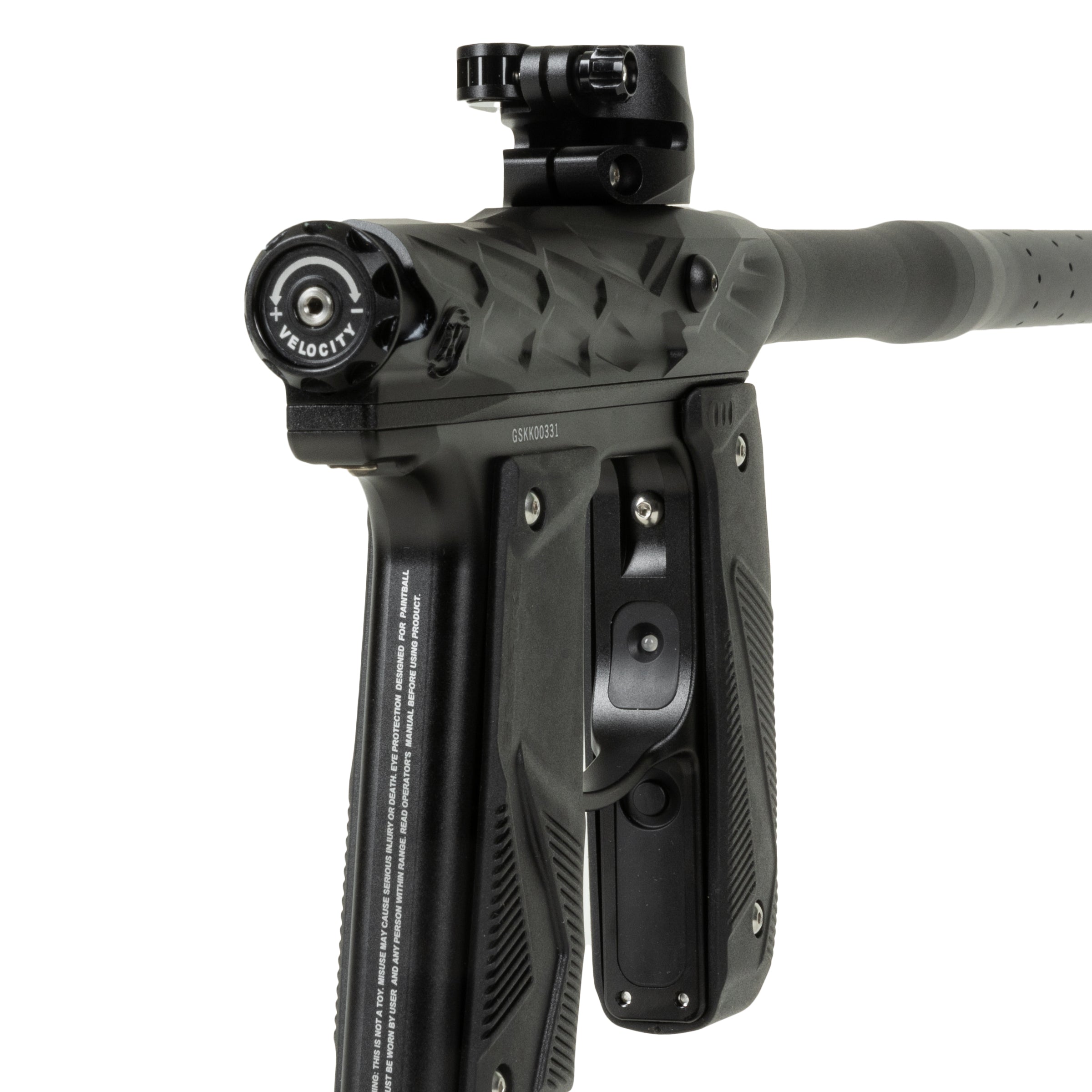 HK Army x Empire Mini GS Hive Electronic Gun – Black/Black std config, marker, durable field setup, for woodsball play, close detail