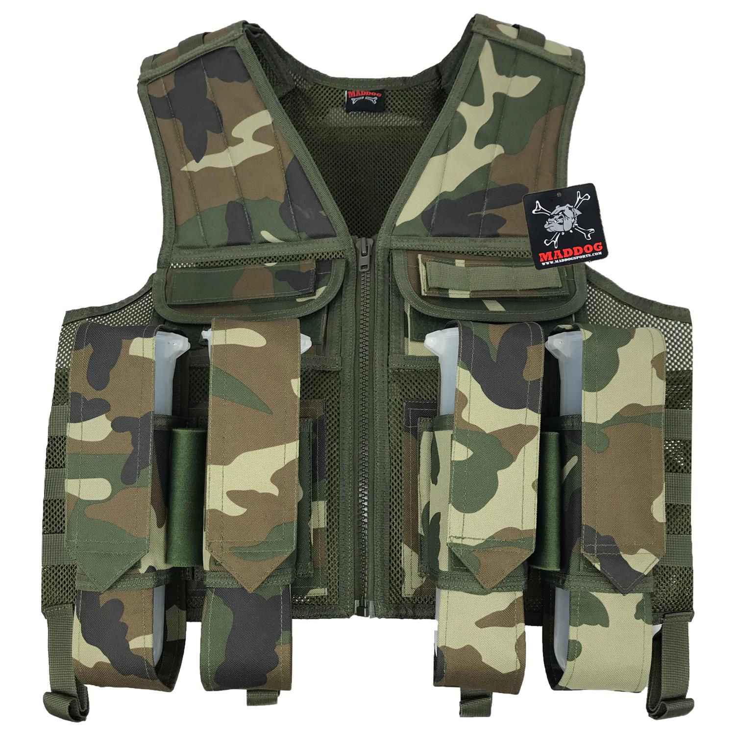 Maddog Tactical Battle Vest w/ Pods & Standard Remote Coil Paintball Package - Woodland Camo Maddog