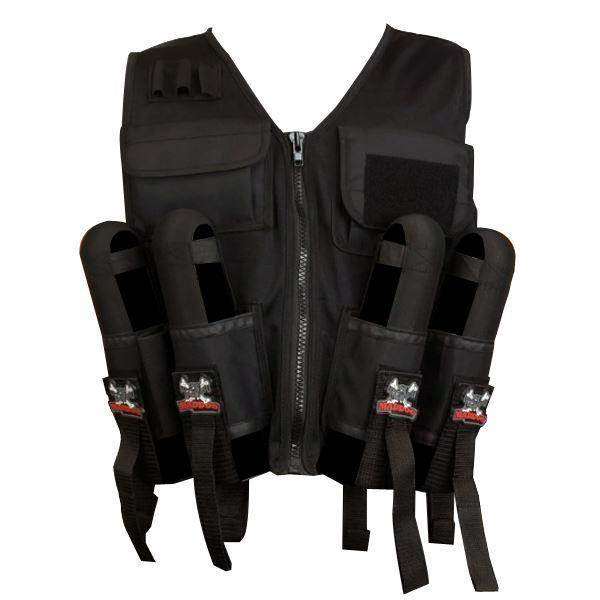 Black lightweight tactical paintball vest with four pod holders, tank holder, and multiple pockets for accessories.