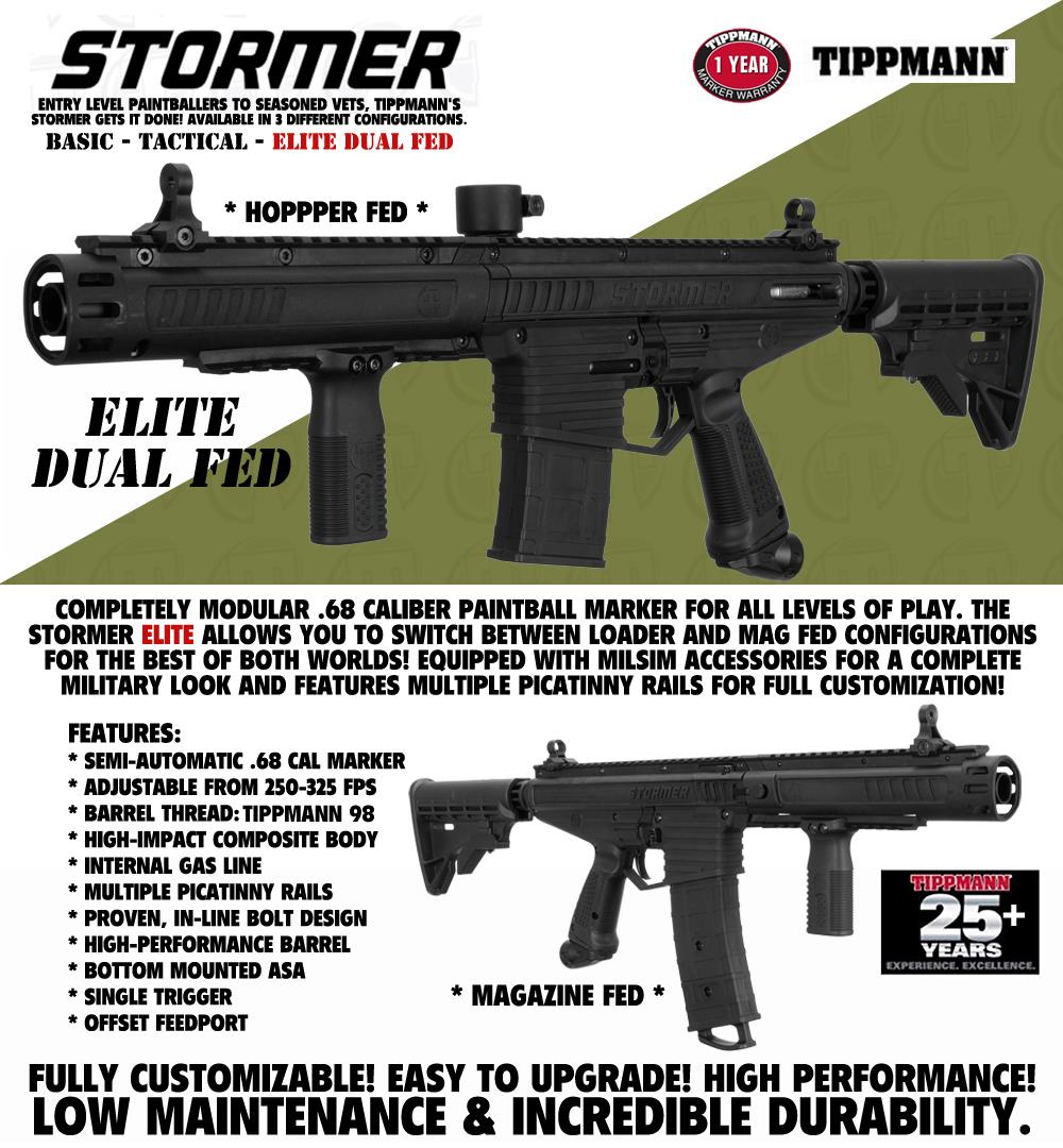 Tippmann Stormer Elite Dual Fed Semi-Automatic .68 Caliber Paintball Gun Marker - Black - 14913 Tippmann