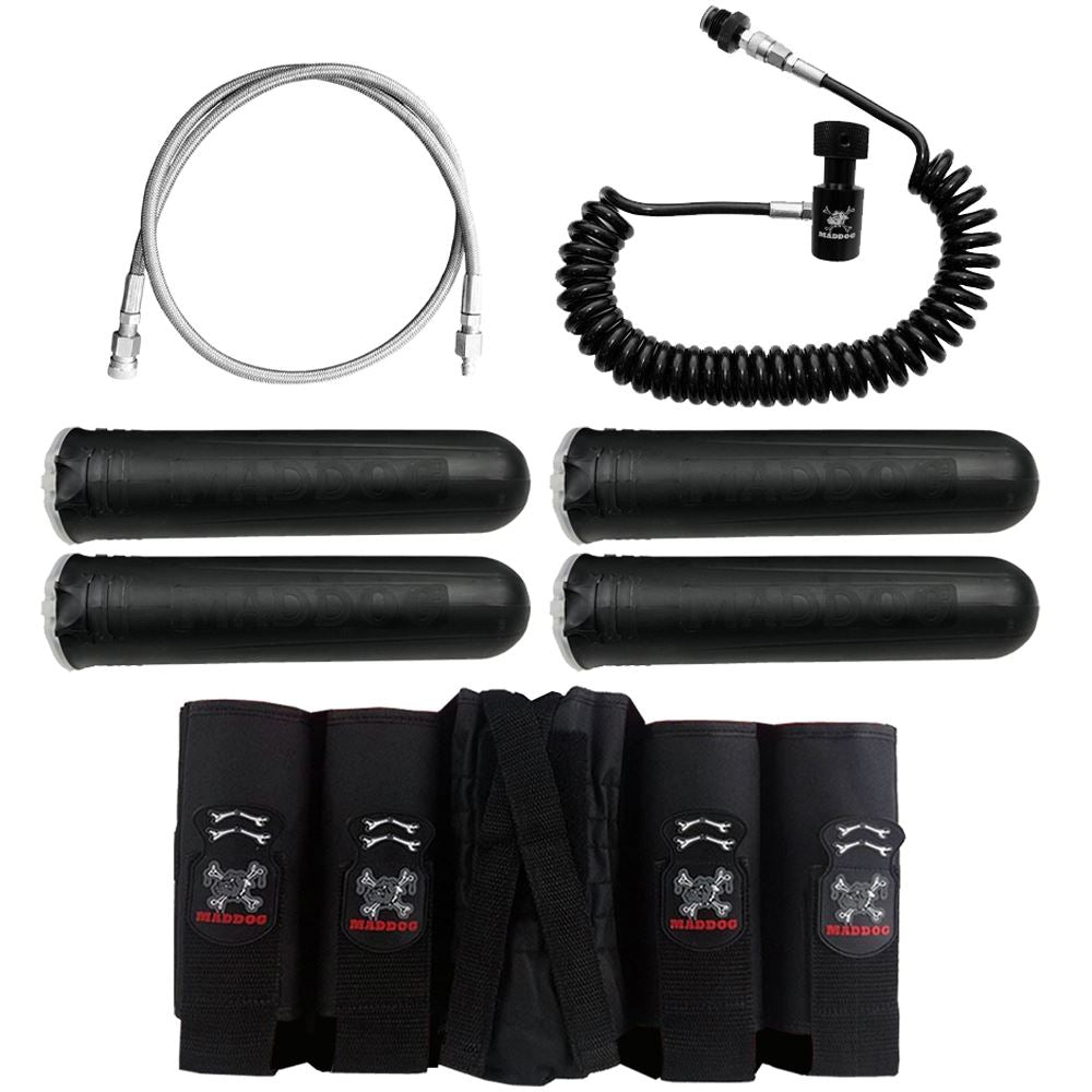 Maddog 4+1 Vertical Paintball Harness with Paintball Pods, Quick Disconnect Remote Coil, and Fill Whip Combo Maddog
