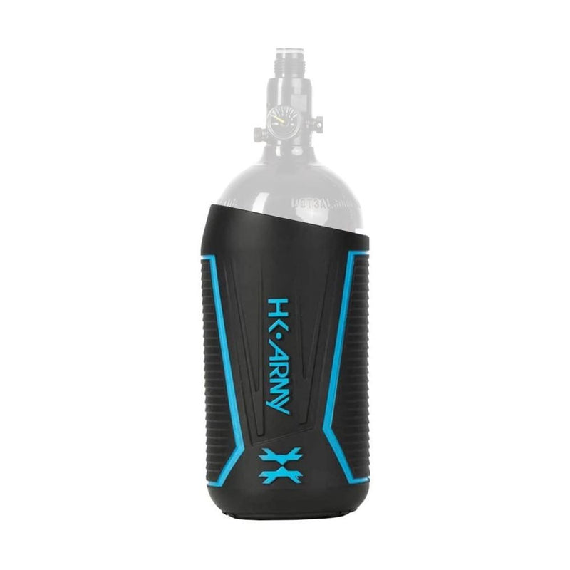 HK Army Vice Paintball Tank Cover in black and blue, full coverage anti-slip rubber grip for 48ci aluminum paintball tank