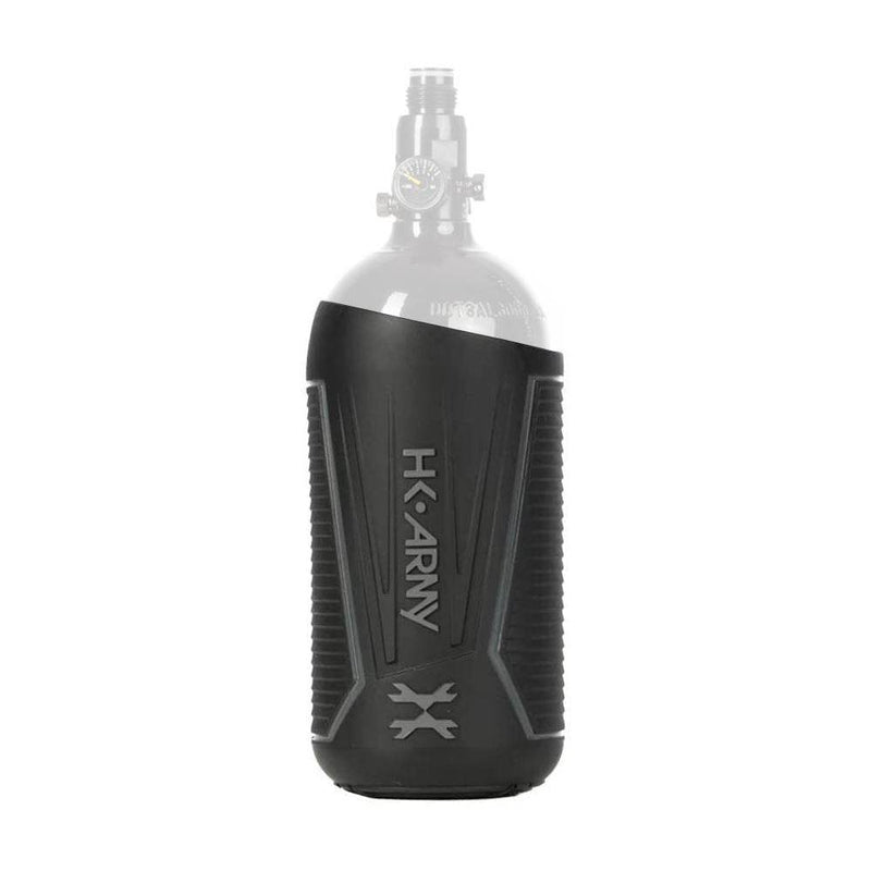 HK Army Vice Paintball 48ci aluminum tank cover in black and grey with anti-slip full coverage and textured logo.