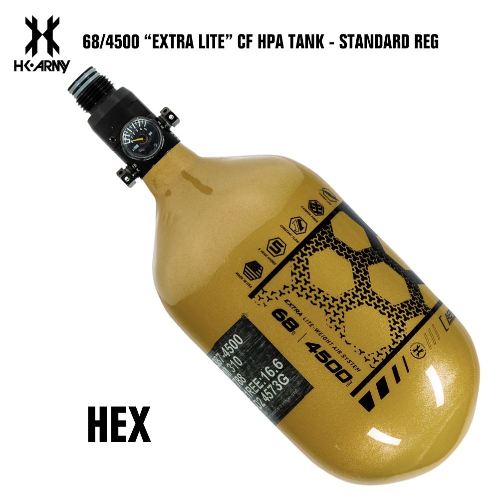 HK Army Hex 68/4500 Extra Lite Carbon Fiber Compressed Air HPA Paintball Tank - Standard Reg - Gold/Black HK Army