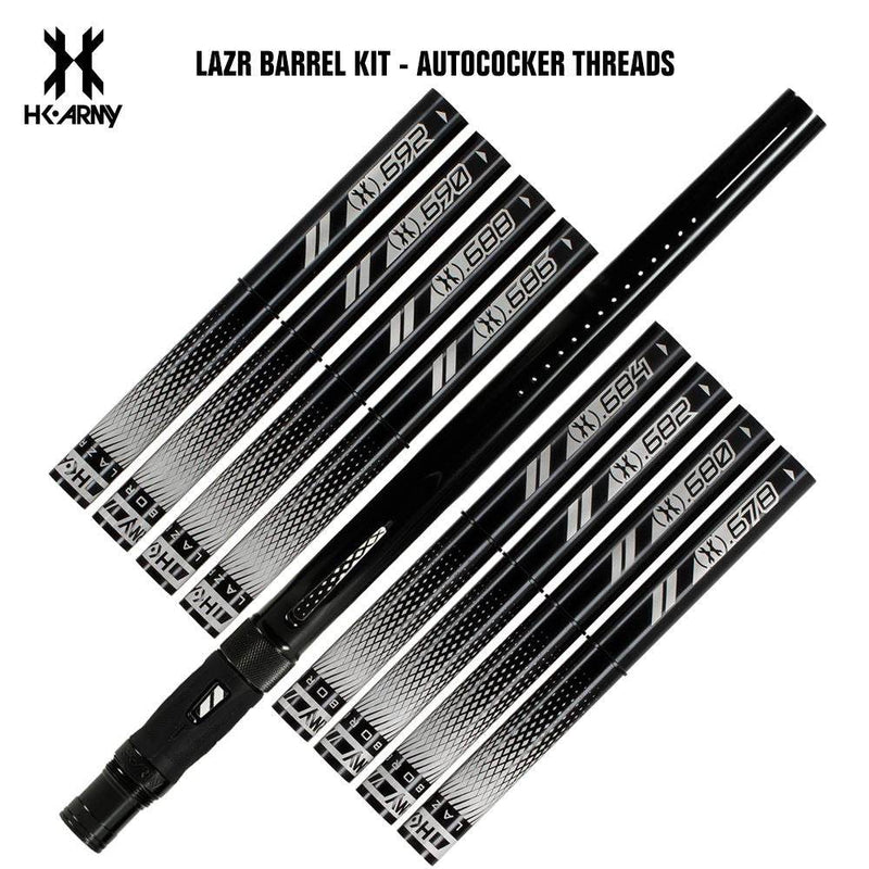 HK Army LAZR paintball barrel kit with Autococker threads, black finish, and multiple bore size inserts for precision aiming