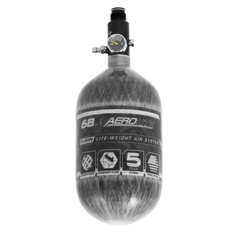 HK Army AeroLite clear carbon fiber 68ci 4500psi lightweight paintball air tank system with aluminum regulator and pressure gauge
