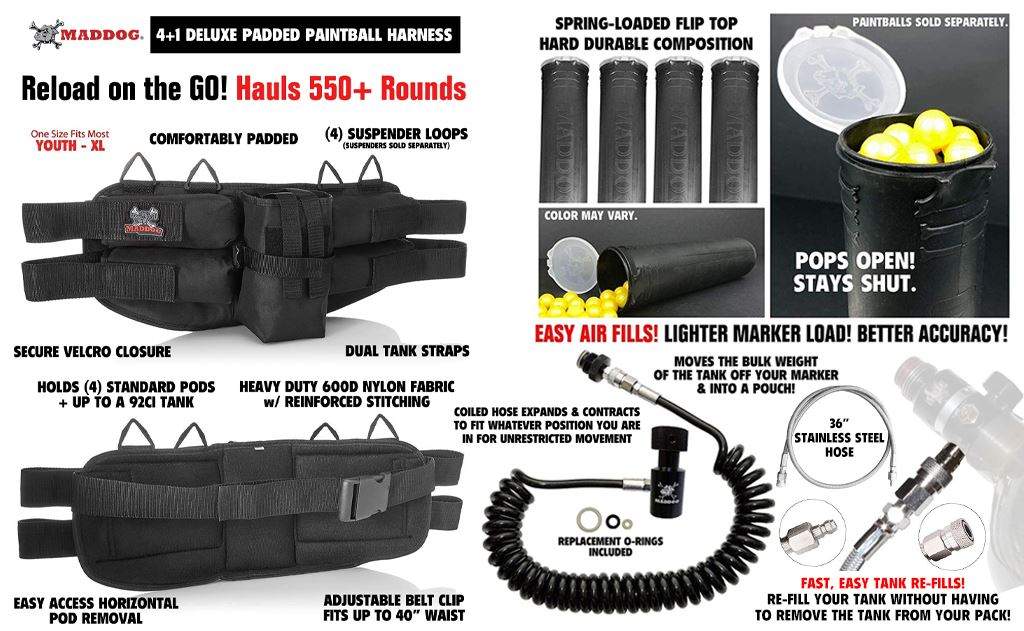 Maddog 4+1 Paintball Harness with Paintball Pods, Quick Disconnect Remote Coil, and Fill Whip Combo Maddog
