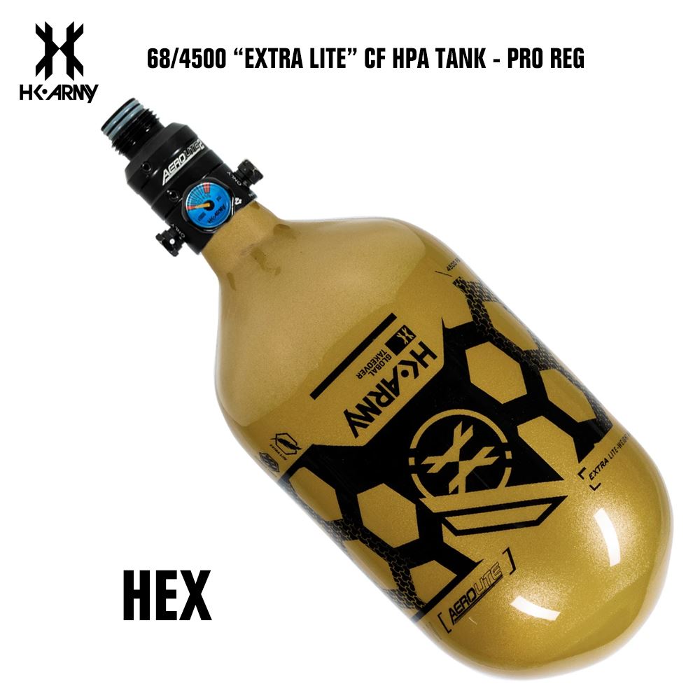 HK Army Hex 68/4500 Extra Lite Carbon Fiber Compressed Air HPA Paintball Tank - V2 Pro Reg - Gold/Black HK Army