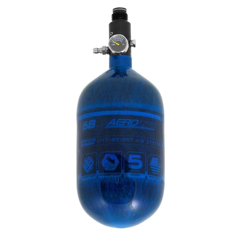 Blue HK Army AeroLite 68/4500 lightweight carbon fiber HPA compressed air tank with aluminum regulator for paintball systems