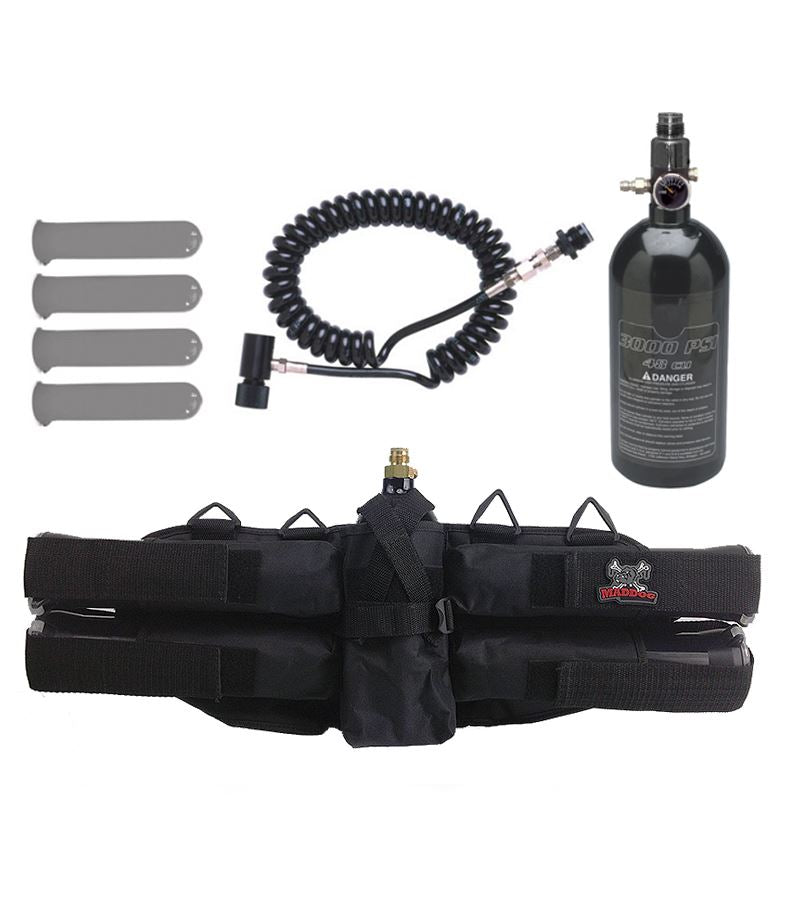 Maddog 4+1 Paintball Harness w/ Pods, 48/3000 HPA Tank & Standard Remote Coil Maddog