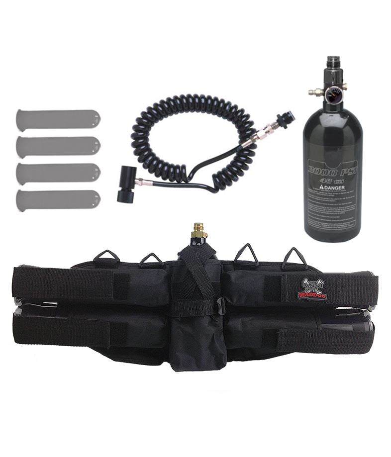 Maddog 4+1 paintball harness with 4 pods, 48/3000 HPA tank, and remote coil accessory kit