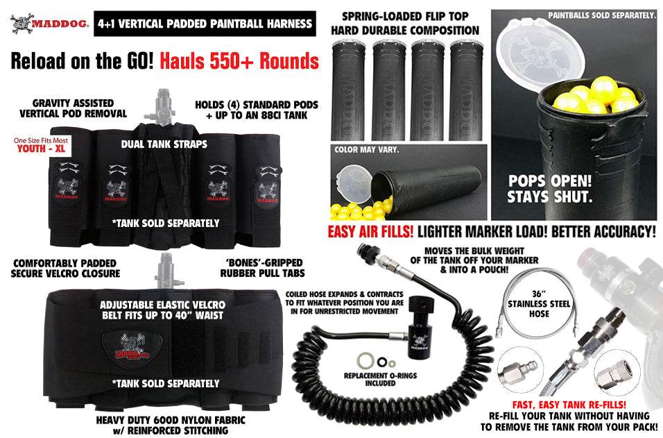 Maddog 4+1 Paintball Harness With Paintball Pods, Quick Disconnect