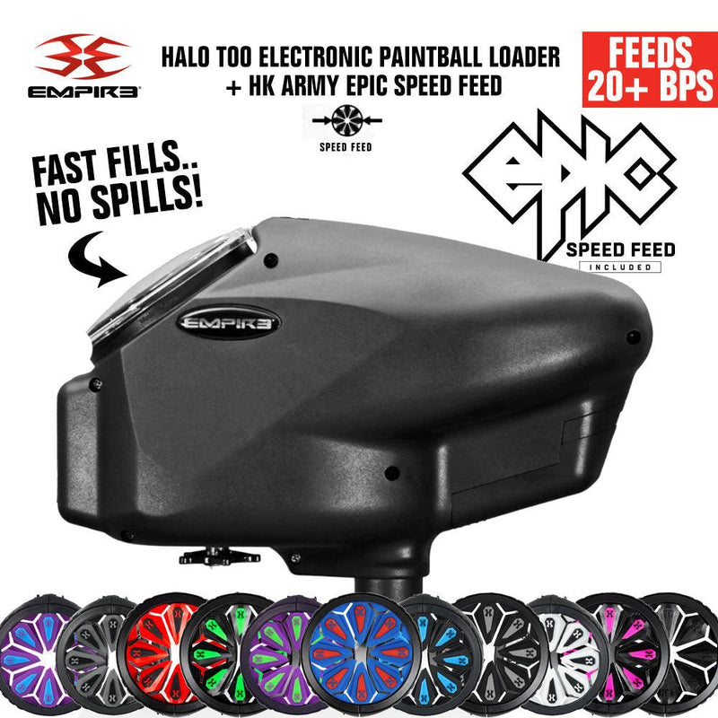 Limited Edition Empire Halo Too Loader matte black electronic paintball with HK Army Epic Speed Feed, fast fills, no spills, feeds 20+ balls per second