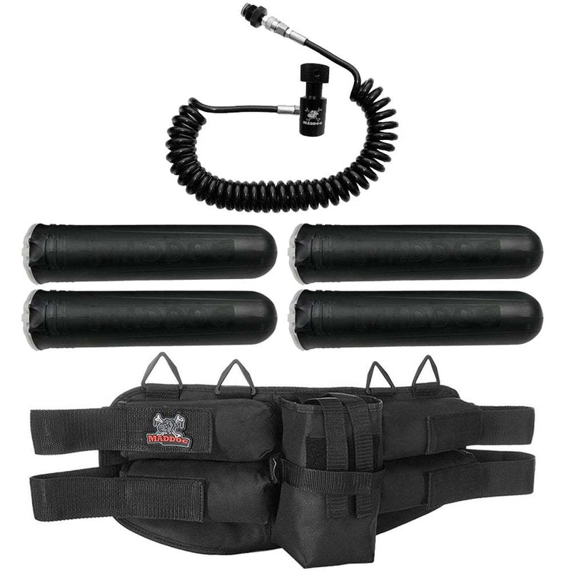 Maddog 4+1 paintball harness with four pods and quick disconnect remote coil for flexible tank connection
