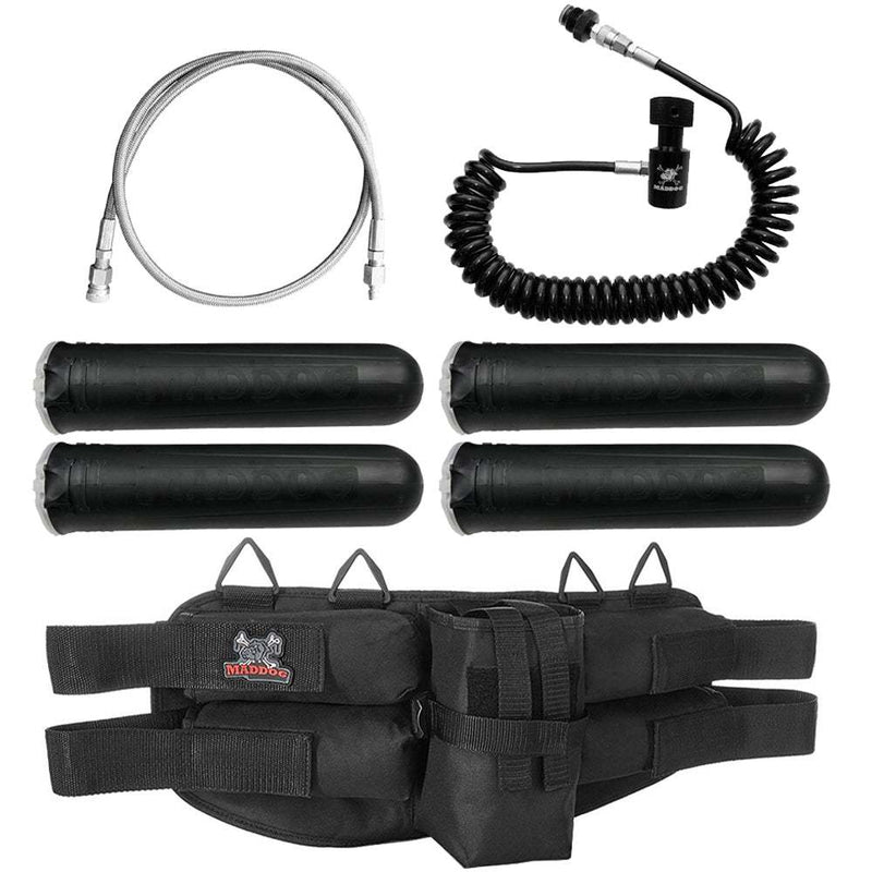 Paintball harness combo with 4 pods, quick disconnect remote coil, and fill whip extension for faster fills and easy reloads.