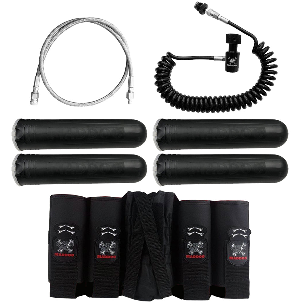Maddog 4+1 Vertical Paintball Harness, Paintball Pods, Quick Disconnect Remote Coil, and Fill Whip Combo