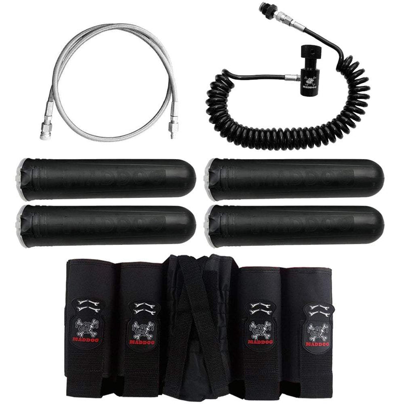 Maddog 4+1 vertical paintball harness with four pods, quick disconnect remote coil, and fill whip combo for fast refills and easy tank connection