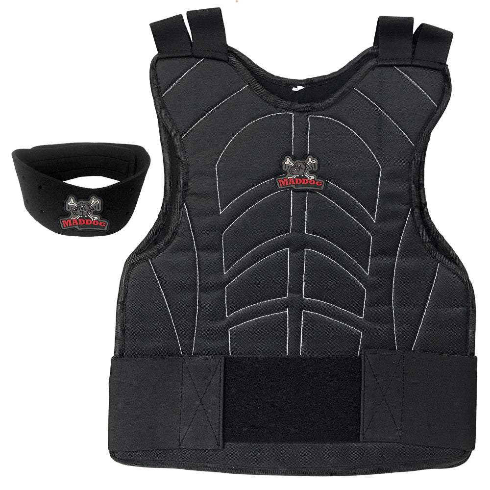 Maddog Padded Chest Protector with neck protector safety combo in black, lightweight and adjustable protective gear for paintball.