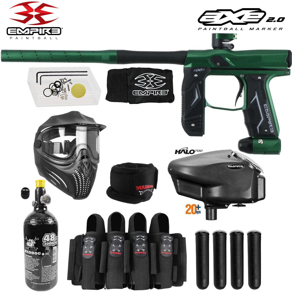 Empire Axe 2.0 Electronic Full Auto Paintball Gun w/ 48/3000 HPA Tank, Empire Halo Too Loader, Empire Helix Thermal Mask, Neck Protector, 4+3 Harness & (4) Pods Starter Package