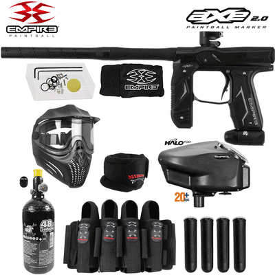 Empire Axe 2.0 electronic full auto paintball gun package with HPA tank, thermal mask, loader, neck protector, harness, and pods starter set