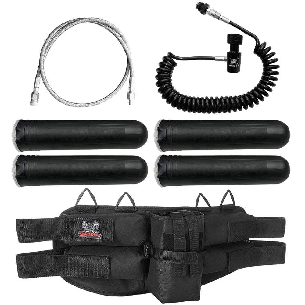 Maddog 4+1 paintball harness combo with four pods, quick disconnect remote coil, and fill whip for fast refills and tank storage