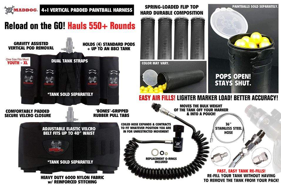 Maddog 4+1 Vertical Paintball Harness with Paintball Pods, Quick Disconnect Remote Coil, and Fill Whip Combo Maddog