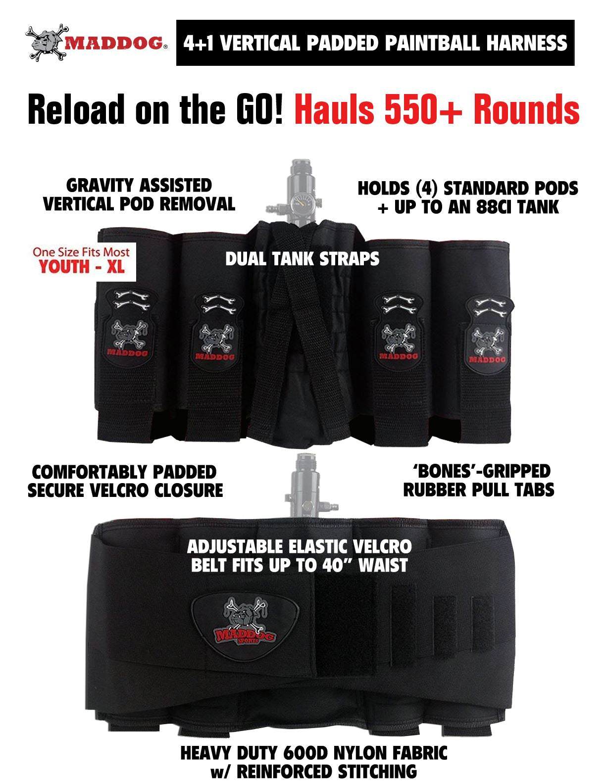 Maddog 4+1 Vertical Paintball Harness with Paintball Pods and Quick Disconnect Remote Coil Combo Maddog