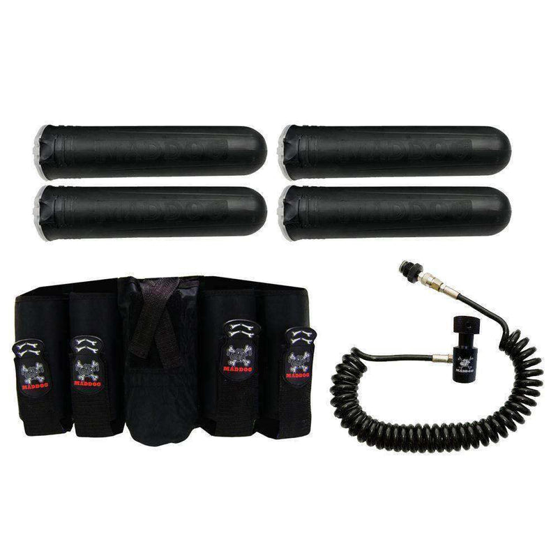Maddog 4+1 vertical paintball harness with four 150-round pods and quick disconnect remote coil for CO2 and HPA tanks