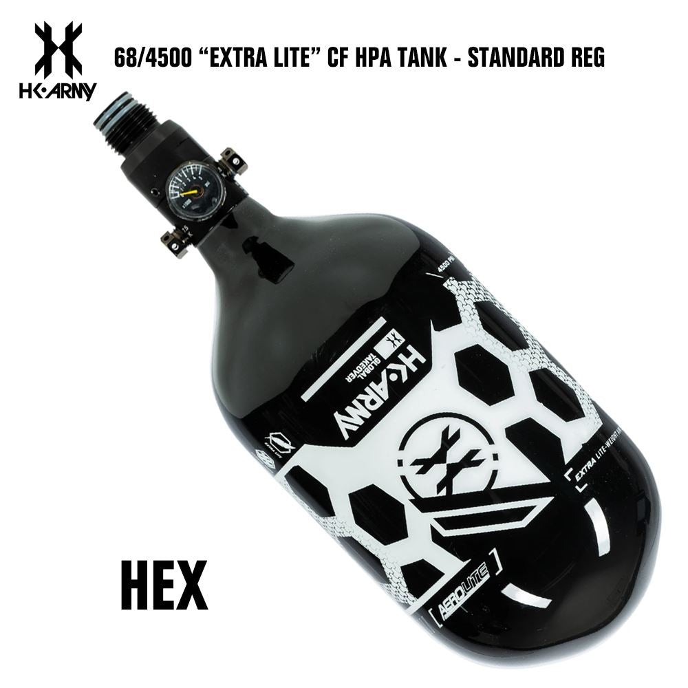HK Army Hex 68/4500 Extra Lite Carbon Fiber Compressed Air HPA Paintball Tank - Standard Reg - Black/White HK Army