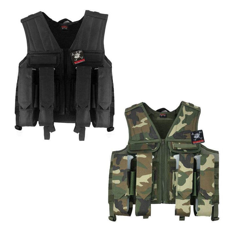 Maddog Battle Paintball Vest in black and camouflage with adjustable molle system, multiple pod holders, and breathable mesh design