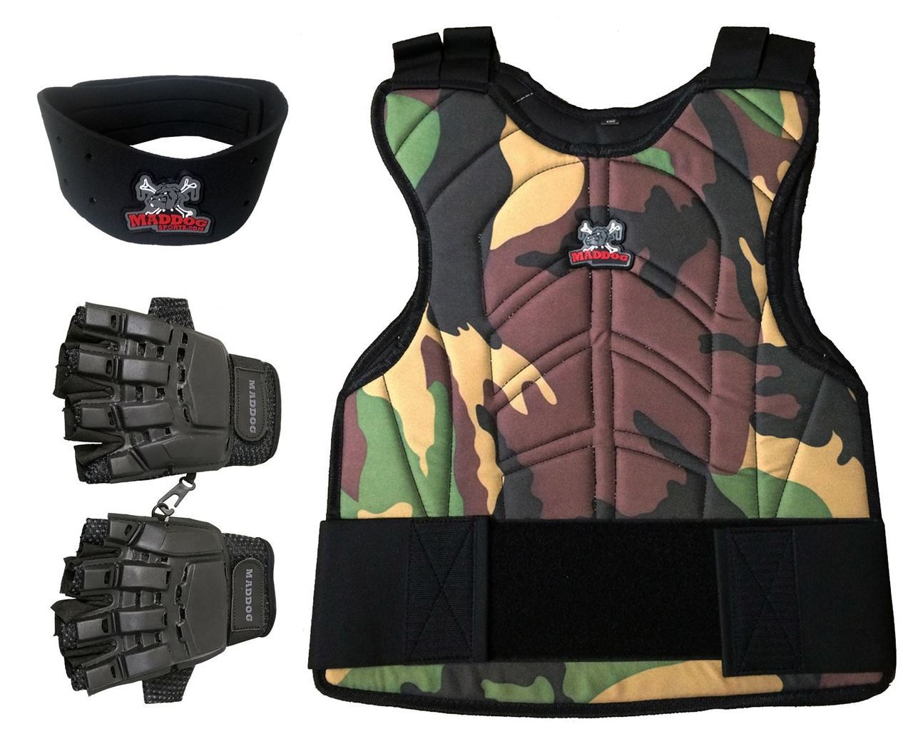 Padded Paintball & Airsoft Chest Protector, Half Glove, & Neck Protector Package Maddog