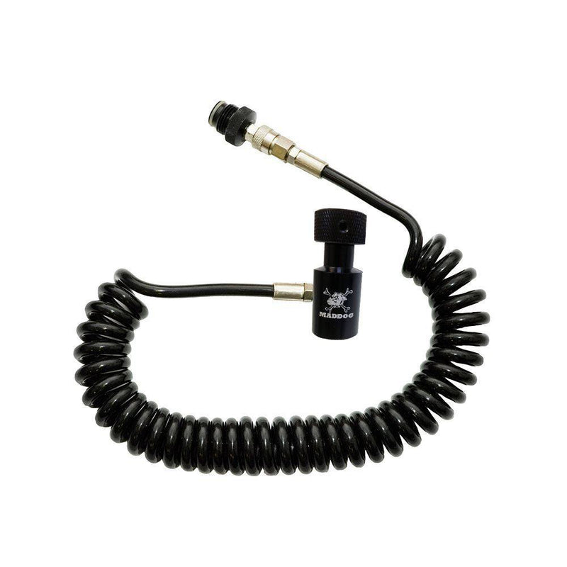 Maddog Quick Disconnect paintball coiled remote hose for CO2 and HPA tanks with high flow and unrestricted movement