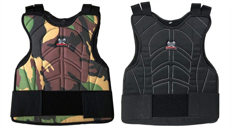Maddog padded paintball and airsoft chest protector in camo and black with adjustable straps and flexible armor design
