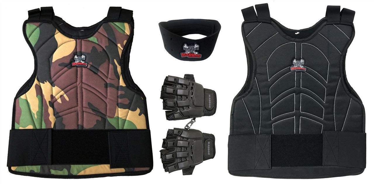 Padded paintball and airsoft chest protector package with camouflage and black vests, half-finger tactical gloves, and neck protector.