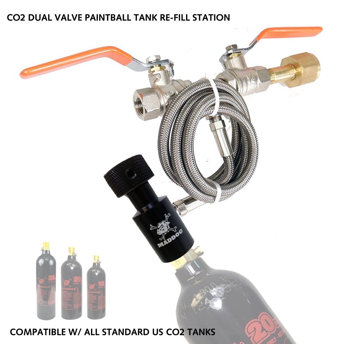 Maddog Paintball CO2 Fill Station, CO2 Dual Valve Bottle Refill Station for 12oz, 16oz, 20oz, + CO2 Tanks Maddog